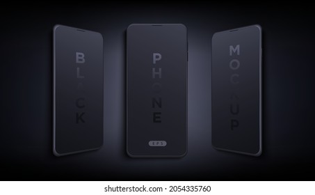 Modern futuristic black thin frame full screen smart phone mock up with different angles. Blank screen isolated device on dark background. Mockup for mobile applications and presentations design.