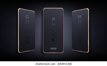 Modern futuristic black thin frame full screen smart phone mock up with different angles. Blank screen isolated device on dark background. Mockup for mobile applications and presentations design.
