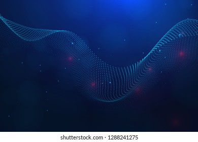 Modern futuristic blue tech background with polygons and wavy particle effects.