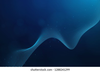 Modern futuristic blue tech background with polygons and wavy particle effects.