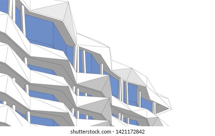 Modern futuristic building with balconies, 3d illustration