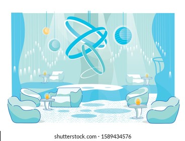 Modern Futuristic Cafe Interior with Comfortable Seats. Casual Night Karaoke Bar. Abstract Chandelier with Rings, Hanging Light Bulbs, Cosmic Lamps. Soft Chairs, Tables. Cartoon Vector Illustration