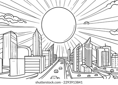 A modern futuristic city coloring page illustration, featuring a big sun shining over tall skyscrapers and advanced technology, creating an energetic atmosphere, black and white vector illustration