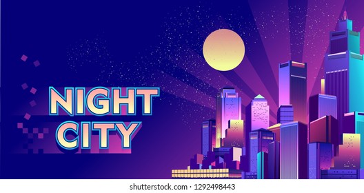 Modern futuristic city at night, illuminated by neon lights and light rays. Cityscape. Banner