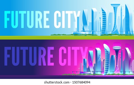 Modern futuristic cityscape illustrations. Day and nigh versions. Vector flat illustration of city with buildings, cars and trees