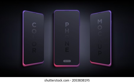 Modern Futuristic Colored Thin Frame Full Screen Smart Phone Mock Up With Different Angles. Blank Screen Isolated Device On Dark Background. Mockup For Mobile Applications And Presentations Design.