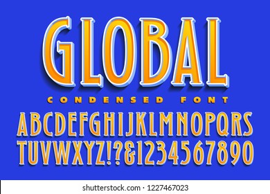 A modern and futuristic condensed serif font in yellows, oranges and blues. This alphabet has 3d effects, gradients, and bright saturated colors.