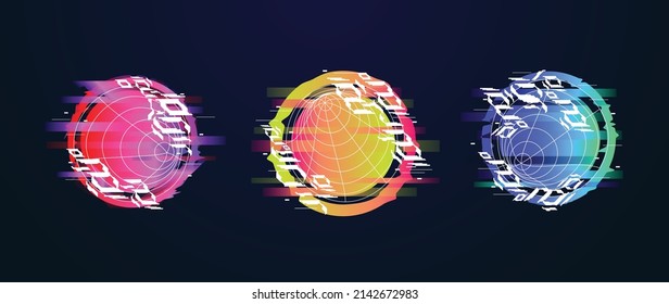 Modern futuristic cyberpunk element on dark background. Collection of high technology in geometric circle shape with colorful gradient color. Digital and trendy element forpresentation, ads.