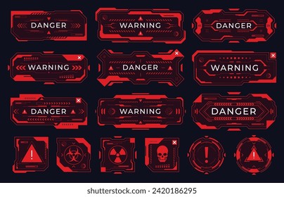 Modern futuristic danger message. Red frame template. Pop-ups with a warning signal. Vector illustration