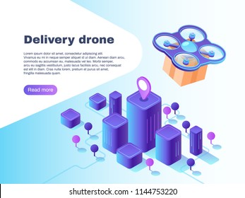 Modern futuristic delivery system with unmanned drone air vehicle. Flight copter delivering parcel future aircraft autonomous truck warehouse robot innovation vector concept illustration