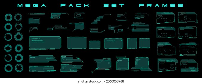 Modern futuristic digital frames for games. Set of futuristic green frames, dialog boxes. Elements for the user interface HUD, UI. Set of cyber frames for HUD user interface
