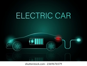 Modern Futuristic Electric car or EV car. Neon Glowing Electric car on Dark Background. Futuristic Electric Vehicle Concept. 