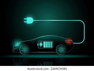 Modern Futuristic Electric car or EV car. Neon Glowing Electric car on Dark Background. Futuristic Electric Vehicle Concept. 