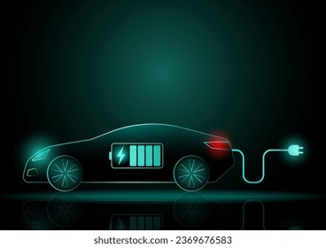 Modern Futuristic Electric car or EV car. Neon Glowing Electric car on Dark Background. Futuristic Electric Vehicle Concept. 