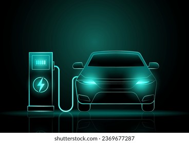 Modern Futuristic Electric Car or EV car Charging at a Charging Station. Neon Glowing Electric Car on Dark Background. Futuristic Electric Vehicle Concept. 