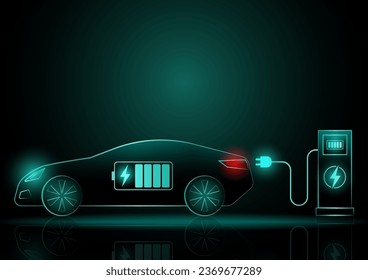 Modern Futuristic Electric Car or EV car Charging at a Charging Station. Neon Glowing Electric Car on Dark Background. Futuristic Electric Vehicle Concept. 