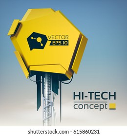 Modern futuristic engineering template with 3d yellow object on vertical metal construction in hi-tech style vector illustration