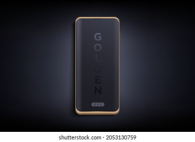 Modern futuristic golden thin frame waterfall screen smart phone mock up with front view. Curved edge display isolated device on dark background. Mockup for mobile applications design.