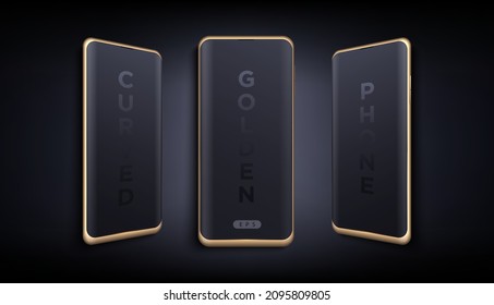 Modern futuristic golden thin frame waterfall screen smart phone mock up with different angles. Curved edge display isolated device on dark background. Mockup for mobile applications design.