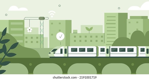 Modern futuristic green city center and train  buildings   private houses  Sustainable city   eco friendly public transportation concept  Vector illustration 