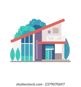 Modern futuristic house building with eco friendly construction and plant tree vector city scape landscape illustration