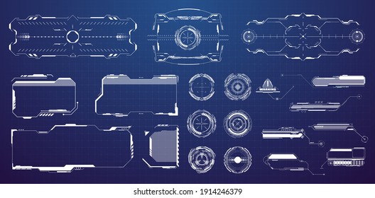 Modern Futuristic HUD elements. Template of sights for games. Cyberpunk virtual game interface. Frames with copy space and Circle and Callouts. Digital dashboard isolated templates set. Vector