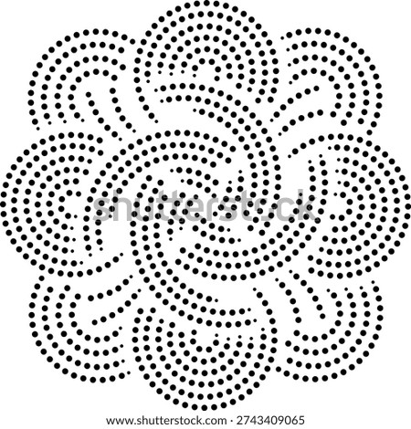 Modern Futuristic Hypnotic Dotted Asian Bohemian Japanese Abstract Geometric Design Illustration Featuring Overlapping Concentric Circular And Semicircular Elements. Western Mandala Embroidery Template. Can Be Used For Fabric, Cushions, Curtains, Carpets, Wall Art, Cards, Covers, Greetings, Invitations, Album Covers, Embroidery, Rangoli, Henna, Embossing, Packaging, Wooden Coasters, Background, Tiles, Website Graphics, Stickers, Vinyl Decals, Ceramics, Stationery or To Create Repetitive Patterns for Wallpaper, Gift Wrap Etc.