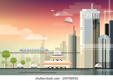 modern futuristic industrial urban cityscape vector illustration in trendy flat design style 