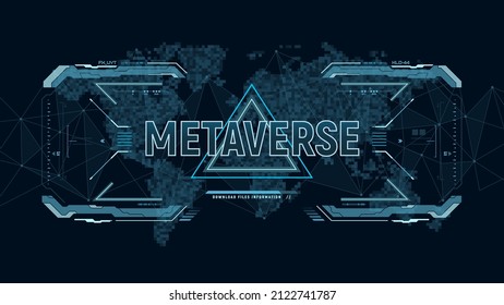 Modern futuristic layout Metaverse with polygons connection structure and world map in pixels. Futuristic user interface. High tech screen for video game. Sci-fi concept design. Vector illustration.