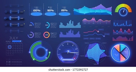 Modern futuristic neon infographic vector template with statistics graphs and finance charts. Information panel Mockup. UI, UX,KIT, HUD elements design. Vector infographics set. Admin svg