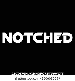 Modern futuristic notched alphabet display font vector. Wide technology typeface