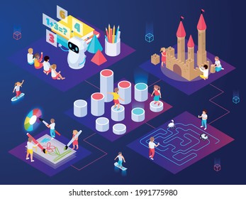 Modern futuristic playground composition with set of connected platforms with robot nursery teacher castle and labyrinth vector illustration