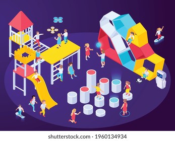 Modern futuristic playground isometric composition with images of play equipment with holograms robots and playing kids vector illustration