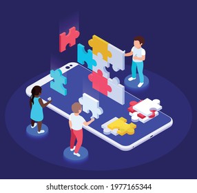 Modern futuristic playground isometric composition with characters of kids moving puzzle pieces on top of smartphone vector illustration