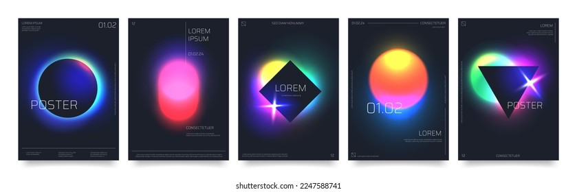 Modern futuristic posters and neon gradient forms black background  abstract sci  fi print and eclipse effect  Cyberpunk aesthetic cover  circle frame minimalist space poster vector template set