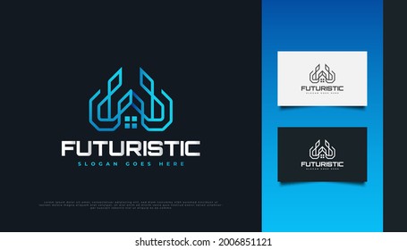 Modern and Futuristic Real Estate Logo Design in Blue Gradient with Line Style. Construction, Architecture or Building Logo Design