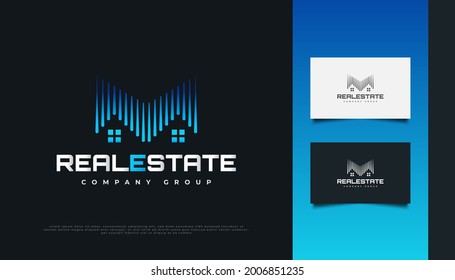 Modern and Futuristic Real Estate Logo Design in Blue Gradient with Line Style. Construction, Architecture or Building Logo Design