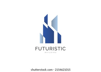 Modern and Futuristic Real Estate Logo Design. Abstract Blue Building Logo. Architecture or Construction Industry Brand Identity