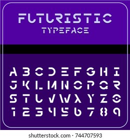 Modern futuristic sci-fi font. Strong future space style typeface with gaps. Electronic, techno, geometric, digital, robots theme etc.