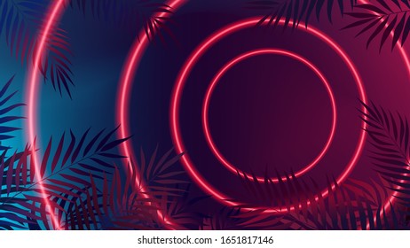 Modern futuristic Sci-Fi red neon lights, bright rays forming a circle on a blue-pink gradient background, vector illustration with branches of tropical leaves