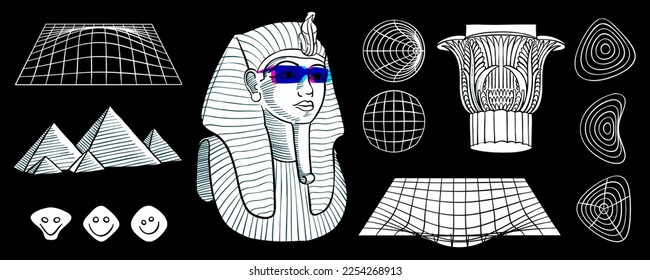 Modern futuristic set with Egyptian Tutankhamun’s pharaoh mask, column with lotus, pyramids. Retro sculpture and statue, surreal geometric shapes, wireframe, cyberpunk elements and perspective grids. 