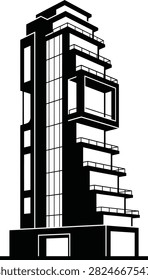 A modern futuristic skyscraper design featuring an integrated cascading waterfall, showcasing advanced architectural concepts with vibrant colors and sleek geometric lines on a clean background.