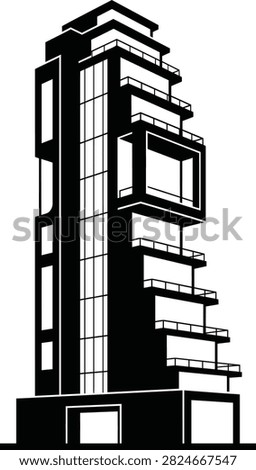 A modern futuristic skyscraper design featuring an integrated cascading waterfall, showcasing advanced architectural concepts with vibrant colors and sleek geometric lines on a clean background.