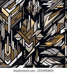Modern futuristic style abstract geometric seamless pattern with sharp lines, angular shapes, triangles, halftones, dots. Vector trendy background. Repeat geometrical ornaments. Endless texture.