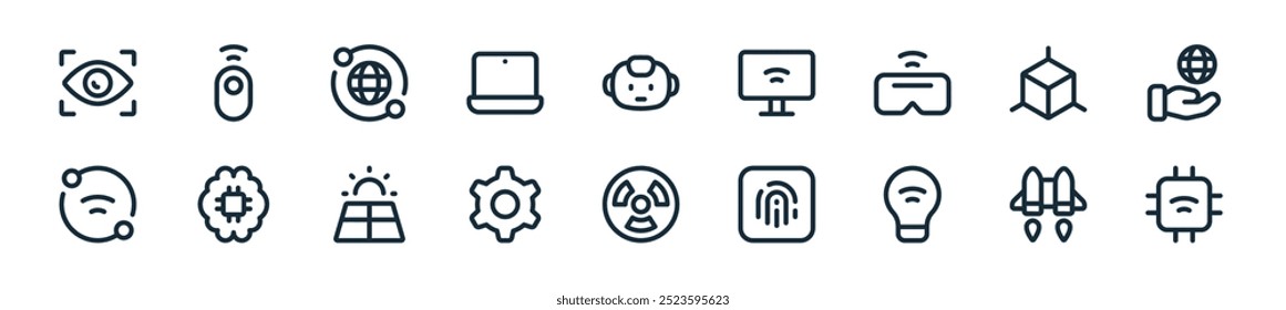 modern futuristic technology icon pack. perfect for linear ui designs featuring vector chip, jetpack, smart lamp, fingerprint, radiation, cog, solar panel and more icons for mobile and web apps.