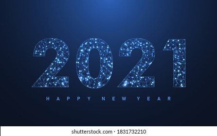 Modern futuristic technology template for Merry Christmas and Happy New Year 2021 with connected lines and dots. Plexus geometric effect. Digital data visualization. Vector illustration