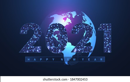 Modern futuristic technology template for Merry Christmas and Happy New Year 2021 with connected lines and dots. Plexus geometric effect. Global network connection. Vector illustration