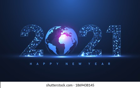 Modern futuristic technology template for Merry Christmas and Happy New Year 2021 with connected lines and dots. Plexus geometric effect. Global network connection. Vector illustration