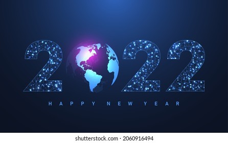 Modern futuristic technology template for Merry Christmas and Happy New Year 2022 with connected lines and dots. Plexus geometric effect. Global network connection. Vector illustration