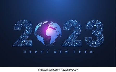 Modern futuristic technology template for Merry Christmas and Happy New Year 2023 with connected lines and dots. Plexus geometric effect. Global network connection. Vector illustration